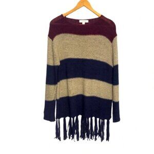 Onetheland Tunic Sweater L Wine Tan Blue Blocks Stripe  Fringe Bottom Knit